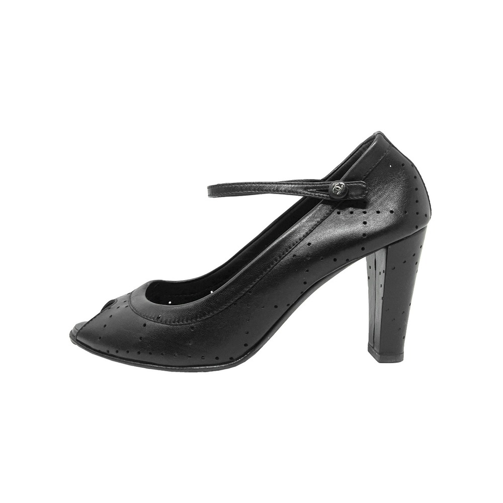 Chanel‎ Black Leather Mary Jane Peep Toe Heels CC Pumps 41